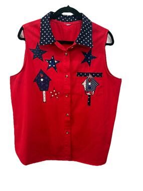 Womens XL Denim Sleeveless Patriotic July 4thButton Down Red Top Cottagecore